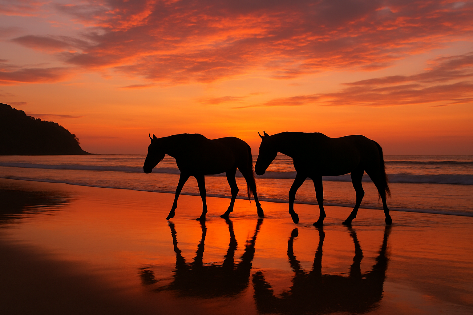 Horses on Costa Rica beach at sunset