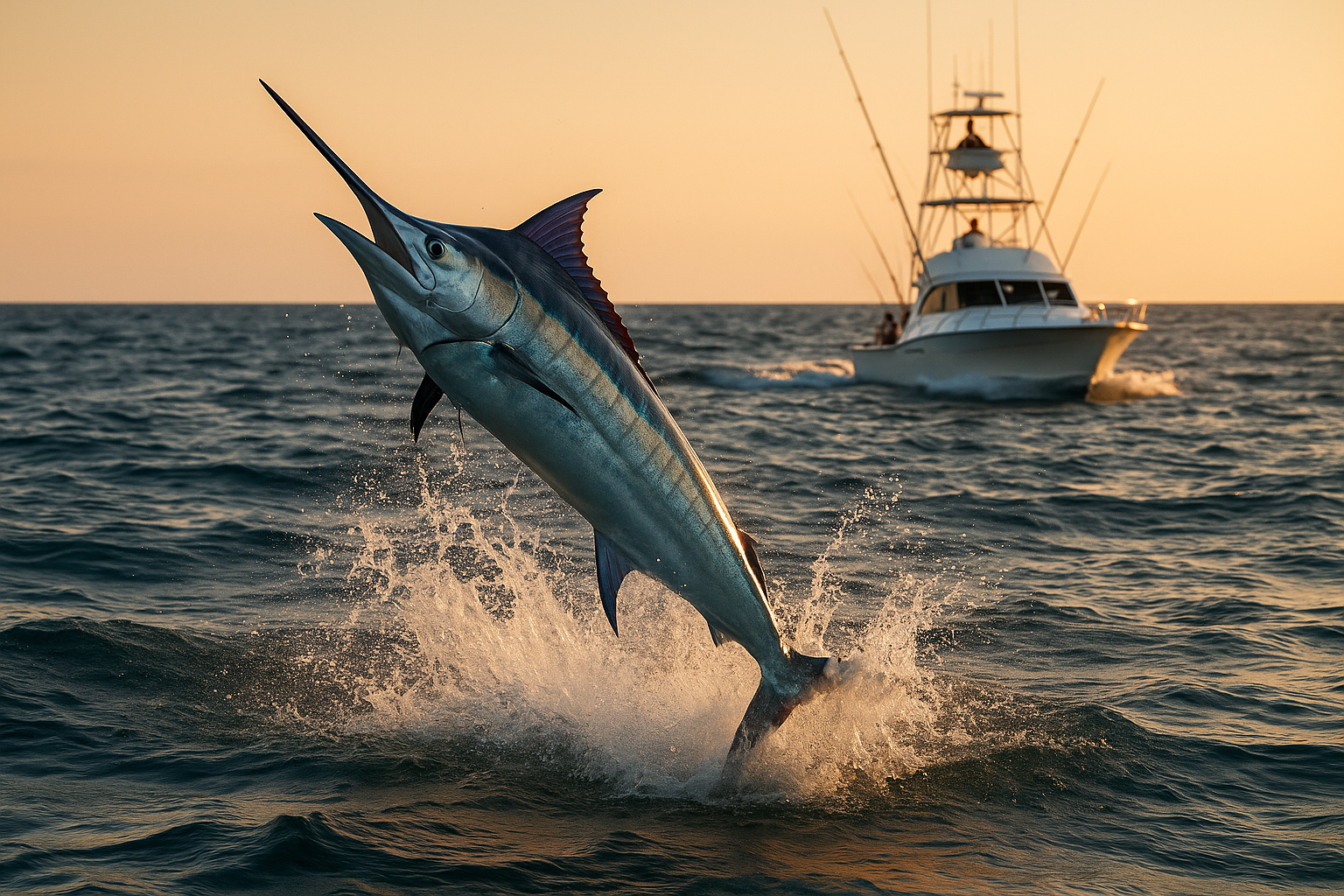 Marlin jumping near fishing boat