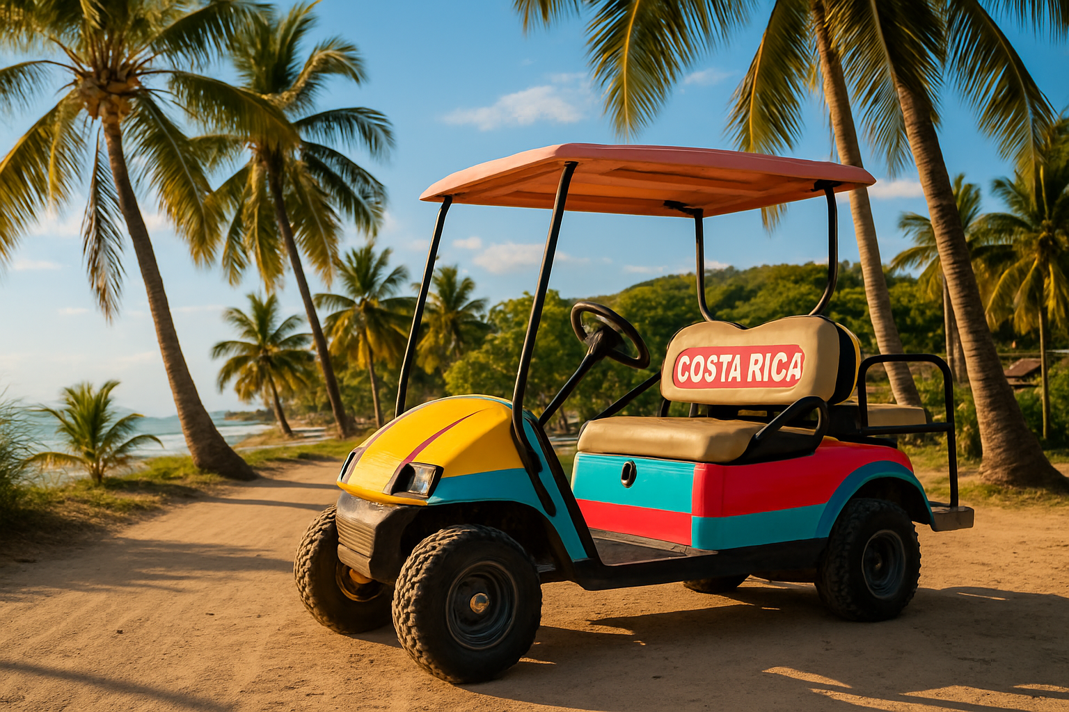 Golf cart on a beach road in Costa Rica