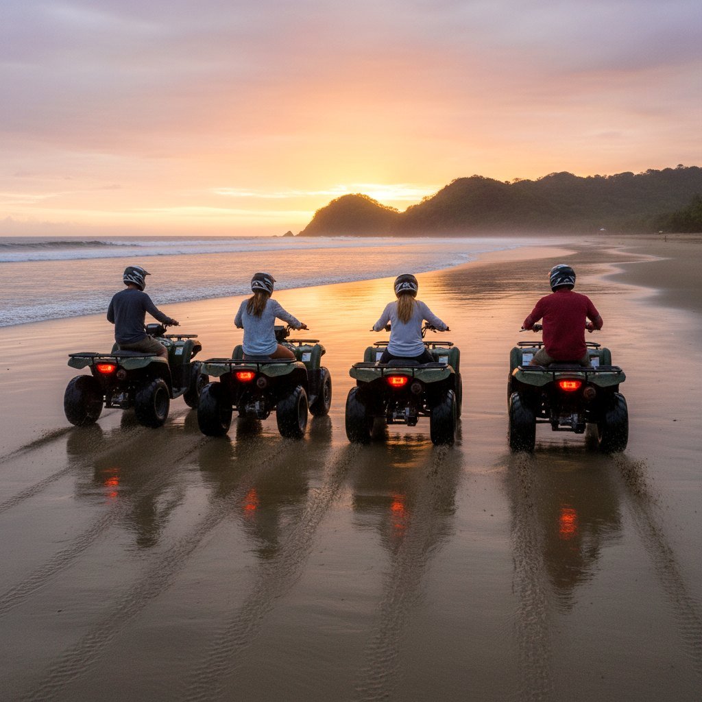 Costa Rica adventure week - friends on ATVs at sunset on the Pacific coast