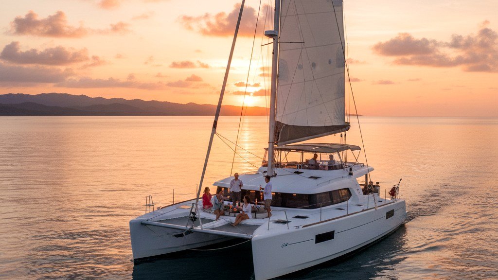 Luxury white catamaran sailing into golden sunset on the Pacific off Tamarindo Costa Rica