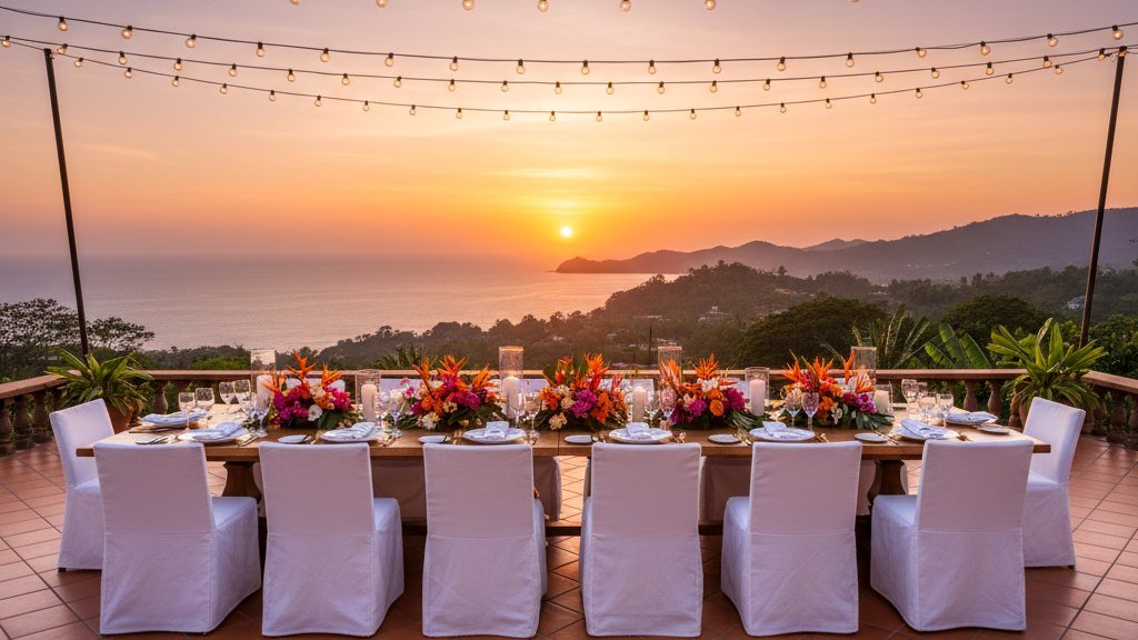 Costa Rica private event - long dining table on a villa terrace at sunset