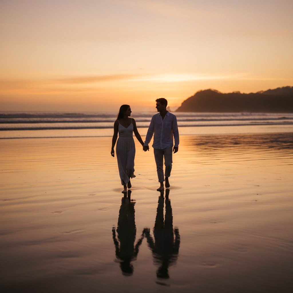Costa Rica honeymoon couple on the beach at sunset - Pacific Guanacaste coast
