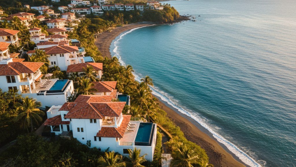 Aerial view of Las Catalinas beach town in Guanacaste Costa Rica at golden hour with luxury villas and crescent beach