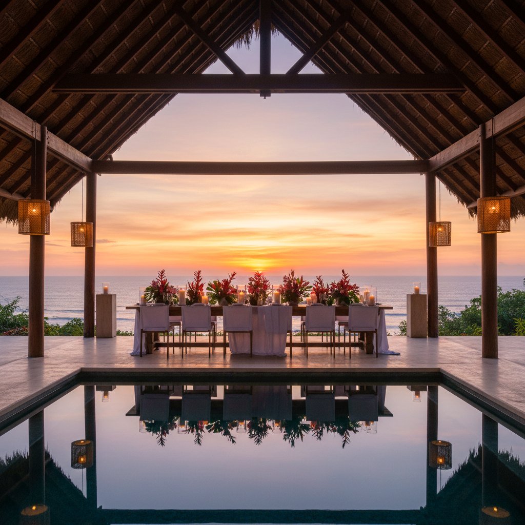Costa Rica luxury villa terrace dinner at sunset Pacific Guanacaste