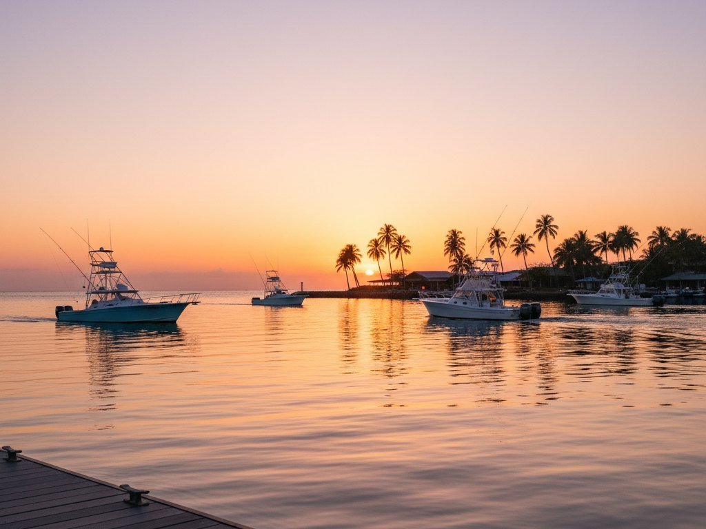 Sport fishing fleet departing a Costa Rica marina at sunrise for deep sea fishing in Guanacaste