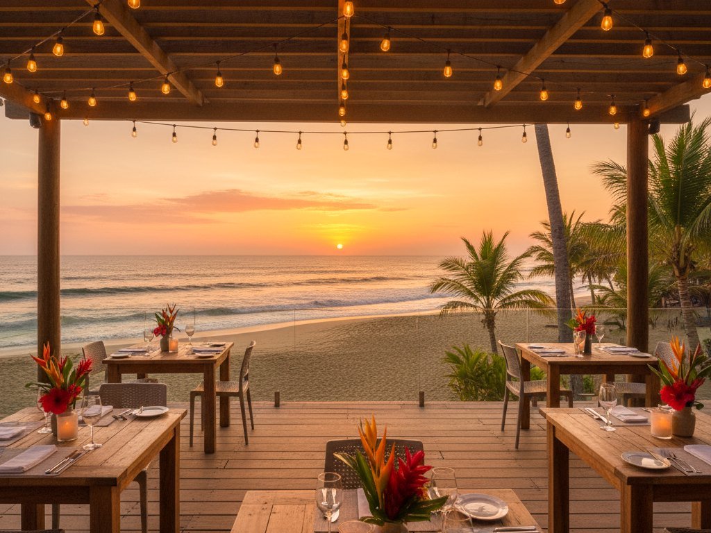 Tamarindo Costa Rica restaurant scene - beachfront dinner at sunset