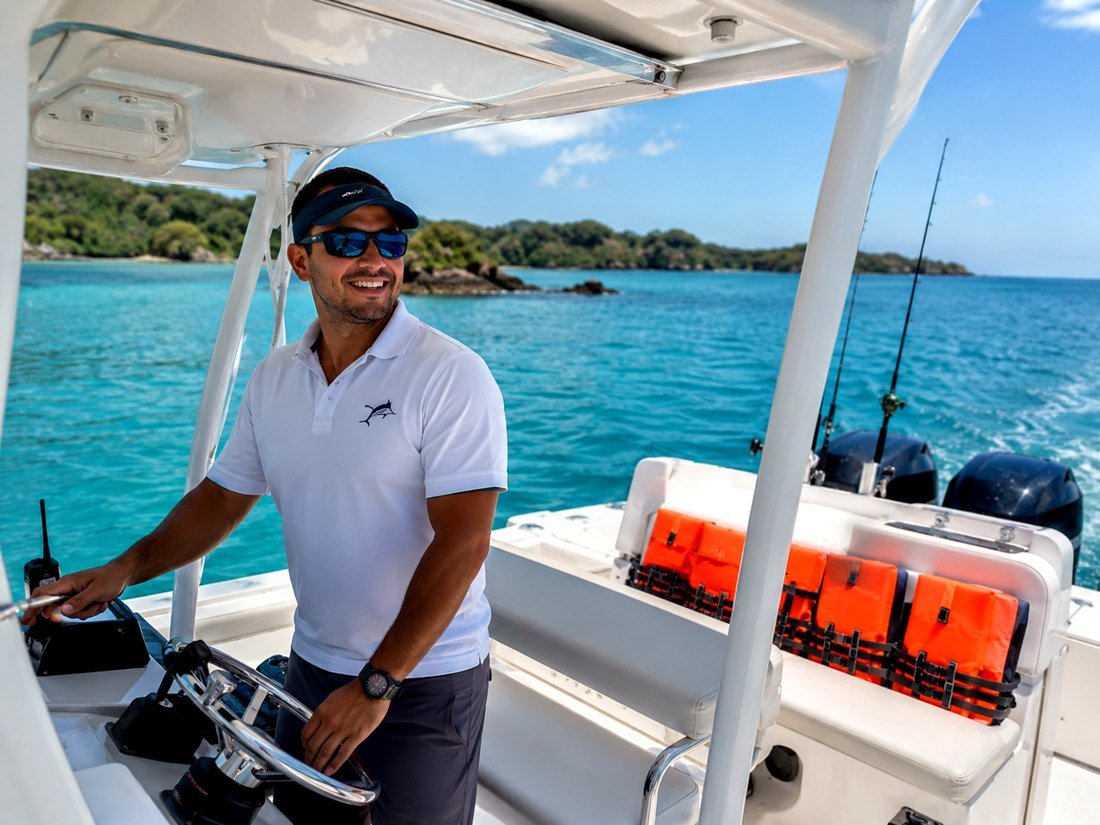 Professional vetted boat captain with safety gear