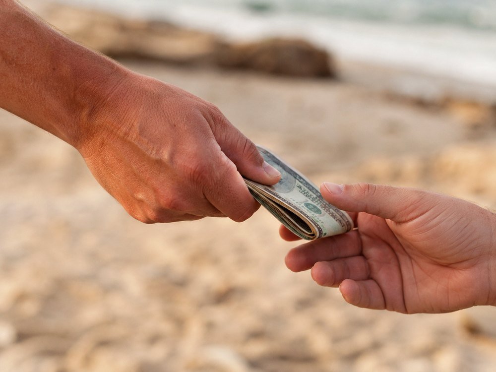 Cash handed over on a beach with no receipt