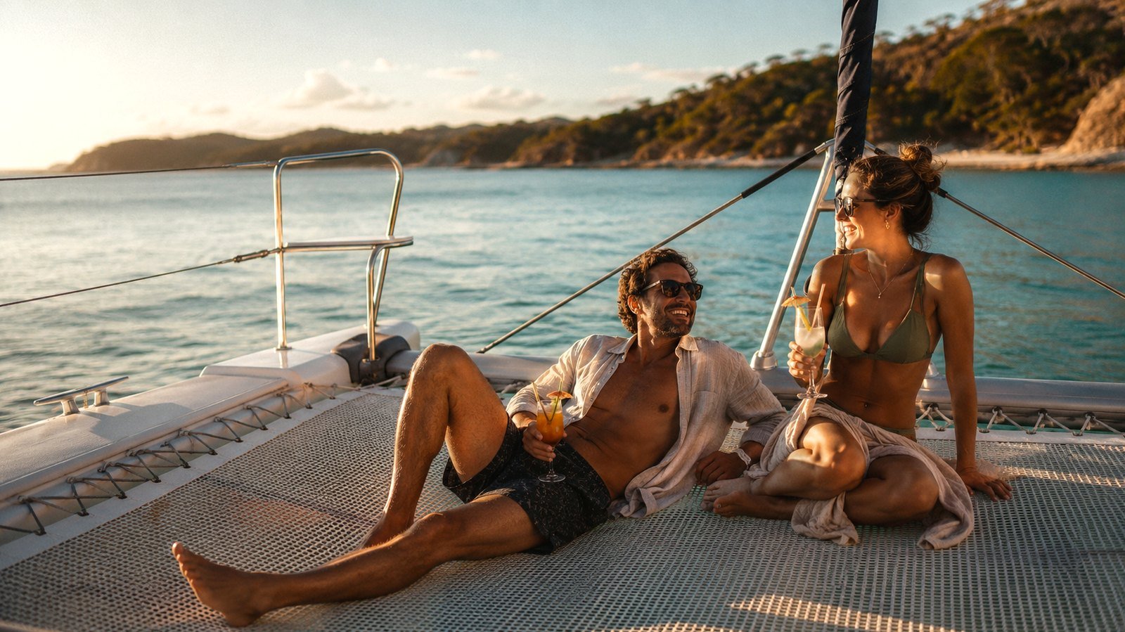 Couple relaxing on a catamaran at sunset in Costa Rica