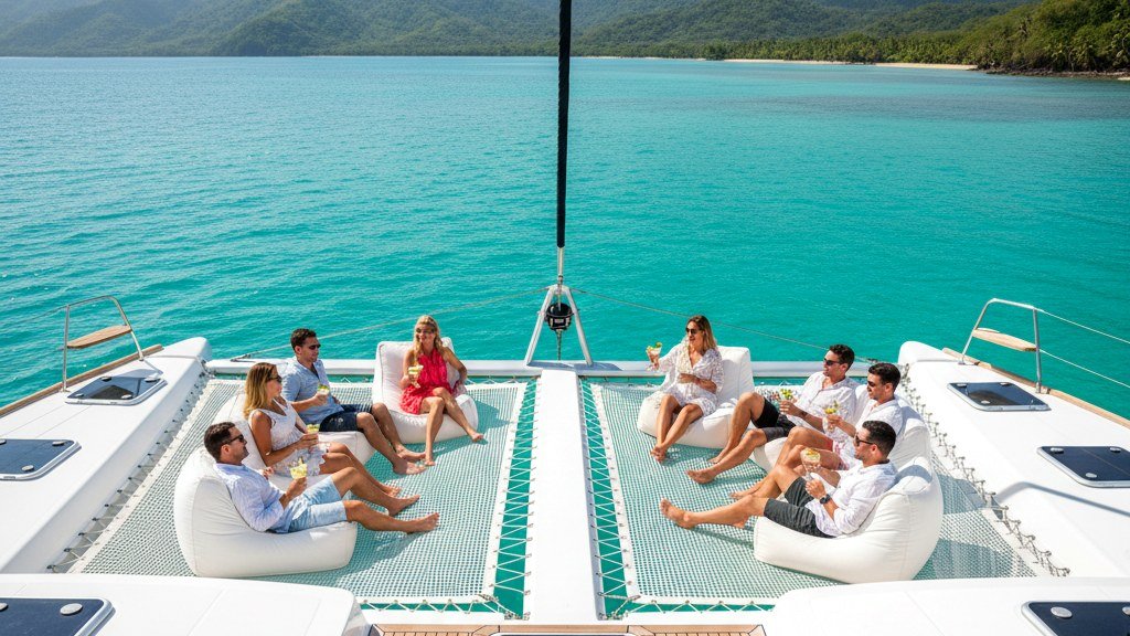Front deck of a private 50-foot catamaran with eight guests lounging on the trampoline nets, turquoise Pacific water and green Guanacaste coastline