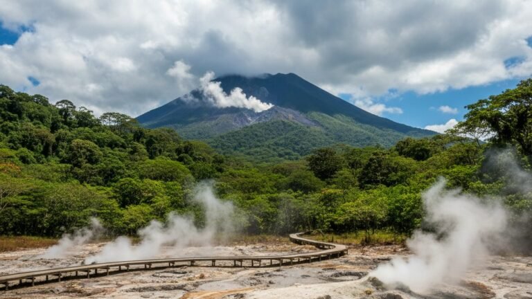 Rincon de la Vieja active volcano with steaming geothermal mud pots and wooden boardwalk in the foreground, Guanacaste Costa Rica