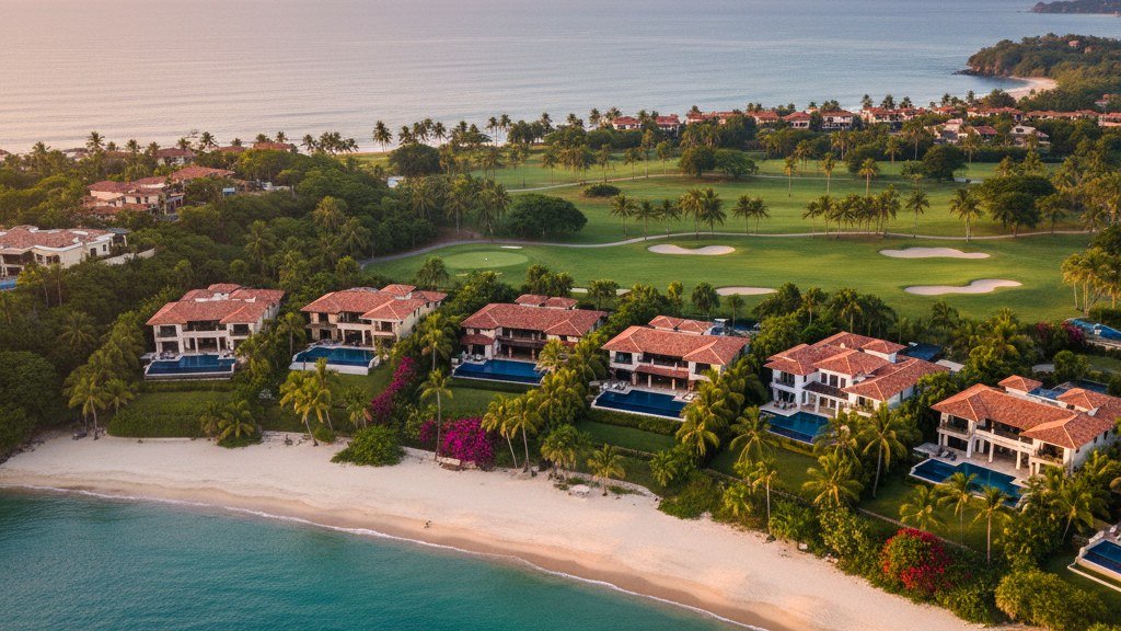 Aerial view of luxury beachfront villas with terra cotta roofs and infinity pools on the Costa Rica gold coast with golf course behind