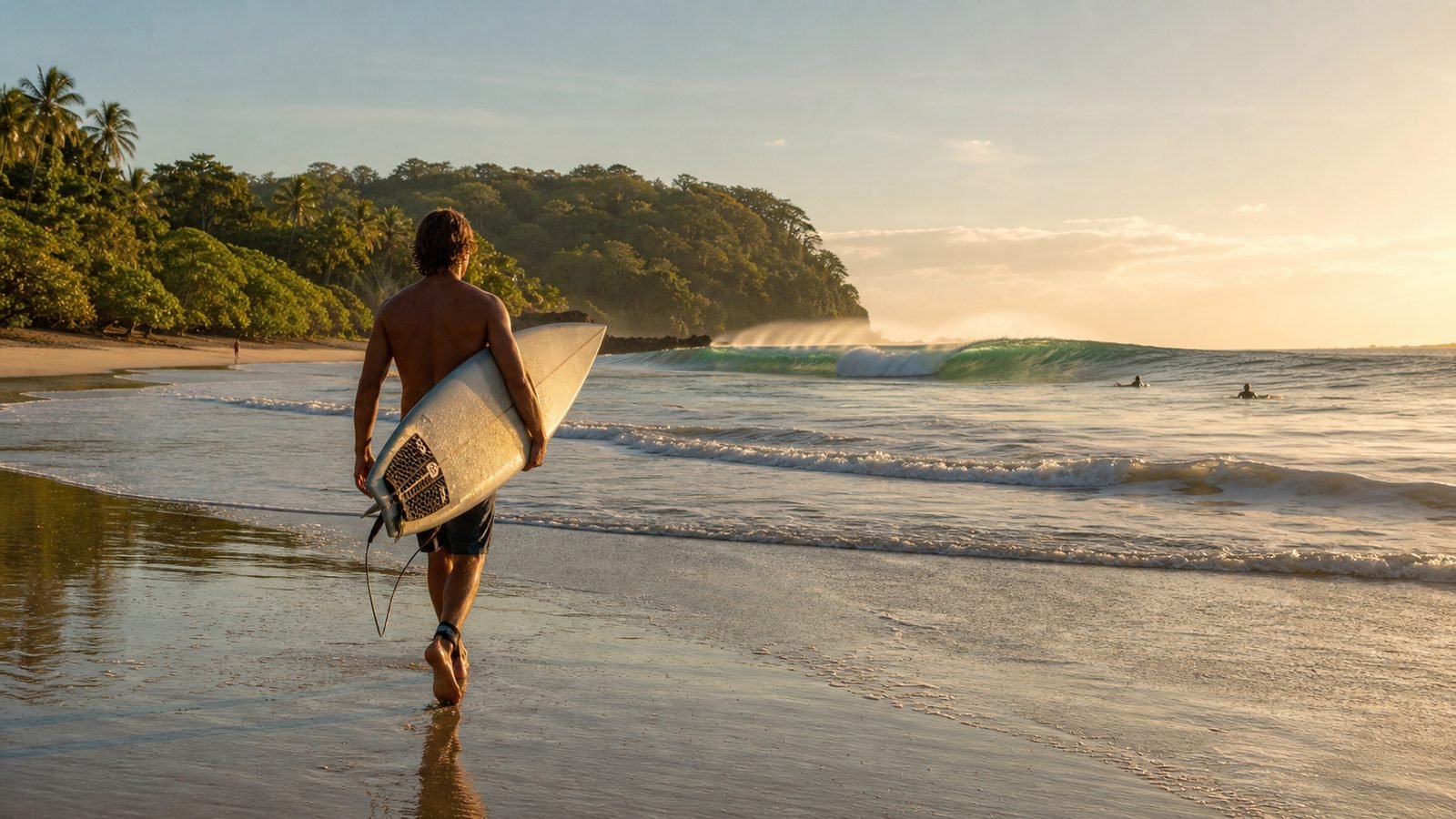 Surfer carrying a board toward clean morning waves at Playa Tamarindo, Costa Rica