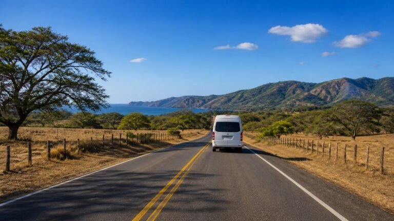 Shuttle van on the paved highway from Liberia Airport to Tamarindo with Guanacaste hills and the Pacific in the distance