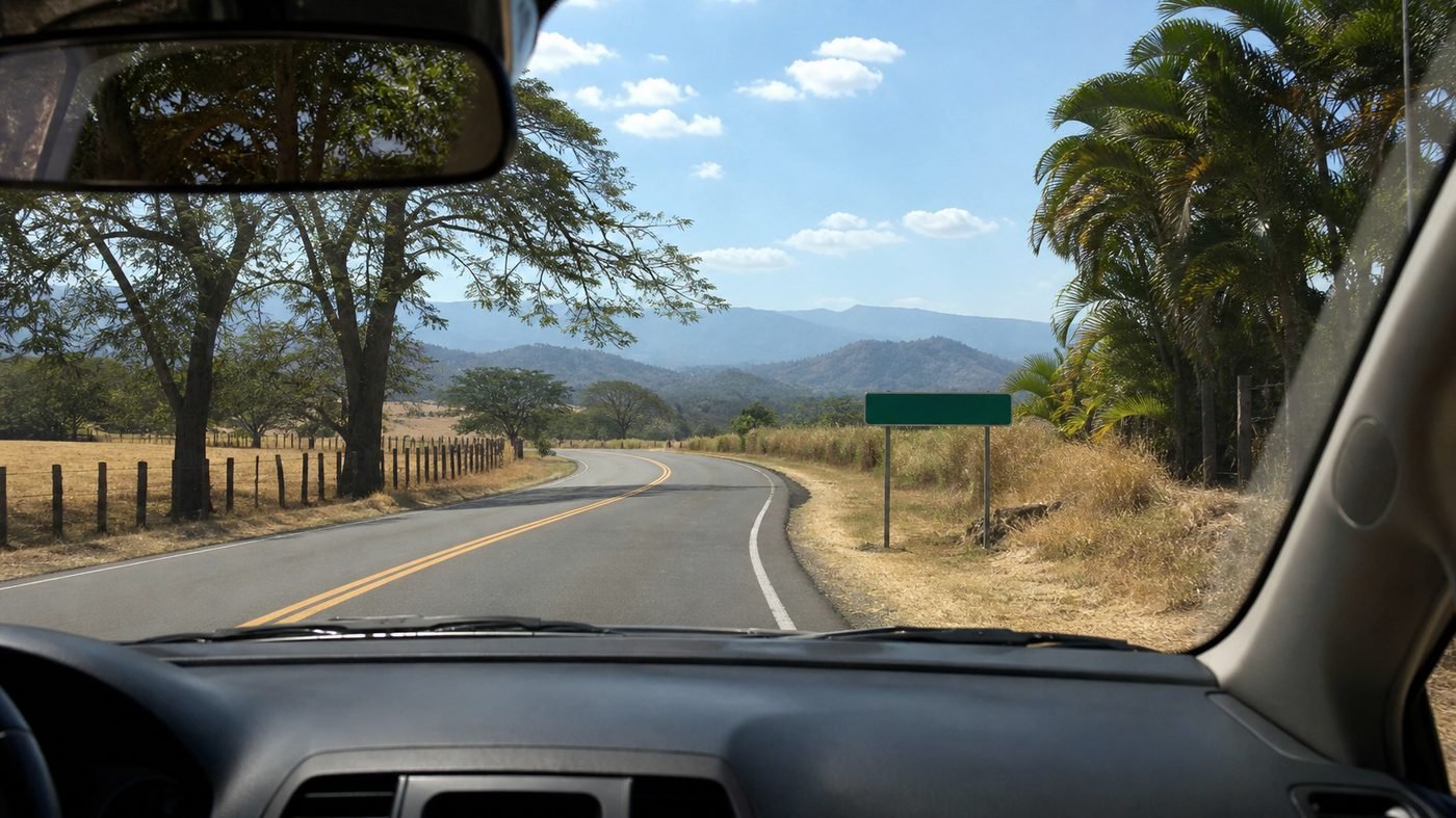View through the windshield on the paved drive from Liberia Airport to Tamarindo through dry Guanacaste countryside