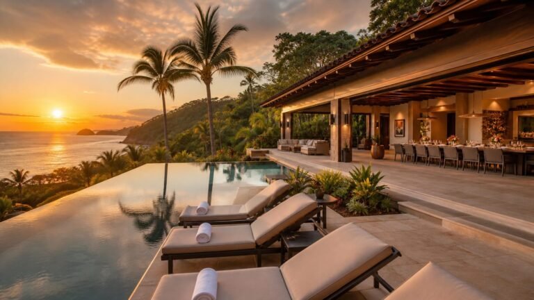 Luxury multigenerational family villa with an infinity pool and terrace dining table at sunset on the Guanacaste coast, Costa Rica