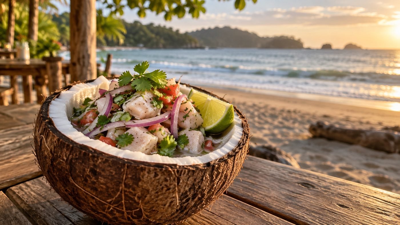 Fresh ceviche served in a half coconut shell on a beachfront restaurant table on the sand at Playa Flamingo Costa Rica