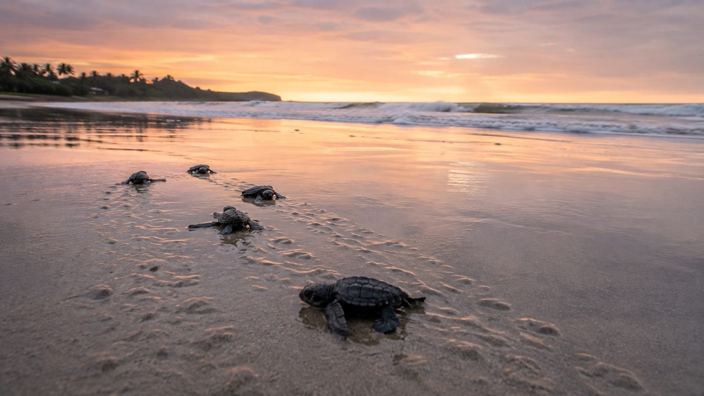 Sea turtle hatchlings crossing wet sand toward the surf at dawn at Playa Grande Costa Rica