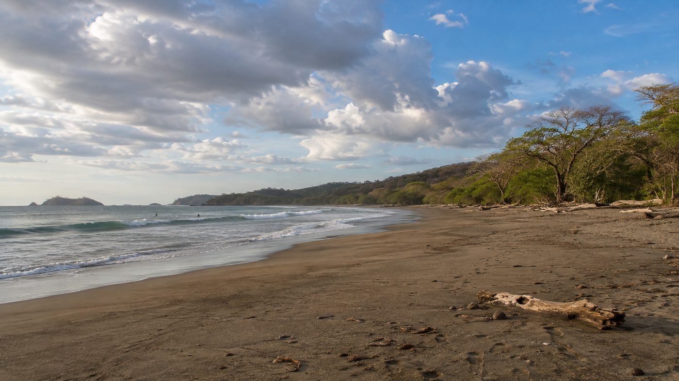 Playa Grande beach at Las Baulas National Marine Park Costa Rica with surfers offshore and dry forest behind the sand