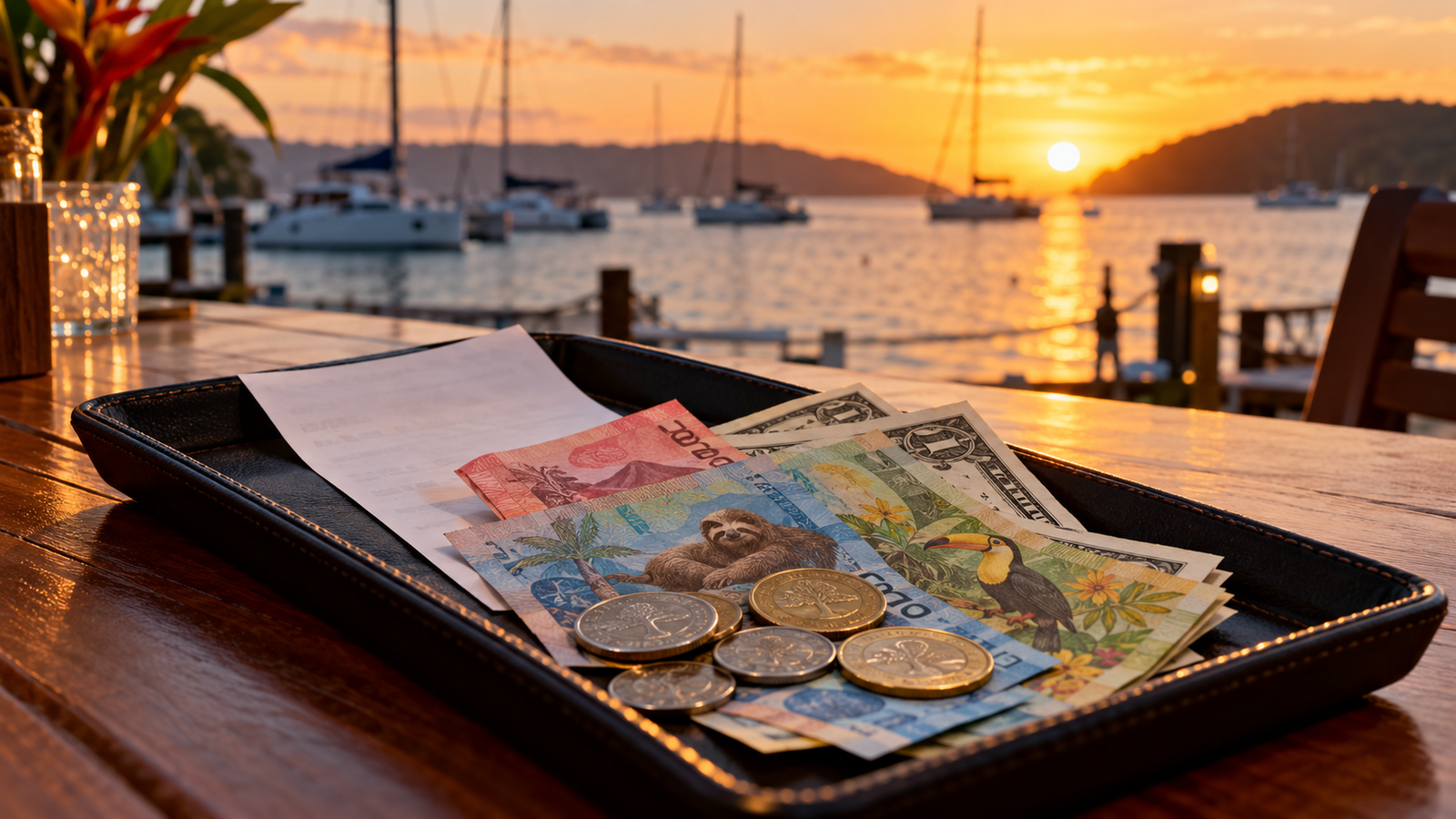 Restaurant bill tray with Costa Rican colones and US dollars at a Flamingo marina restaurant at sunset, showing tipping in Costa Rica