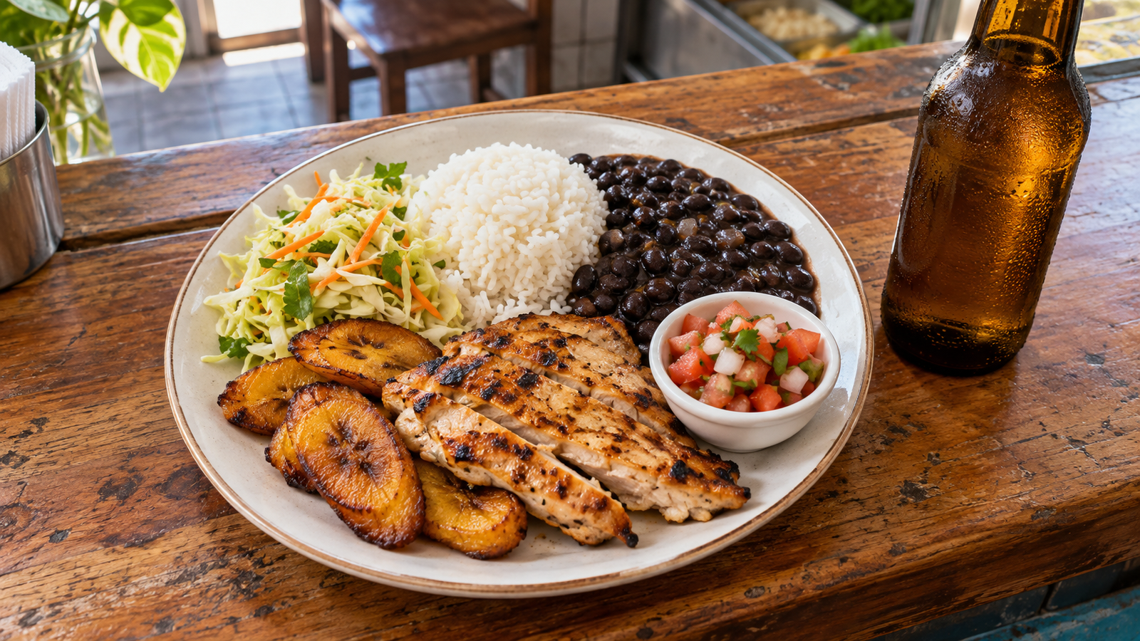 Costa Rican casado plate at a local soda, where the 10 percent service charge often is not added and a small tip is welcome