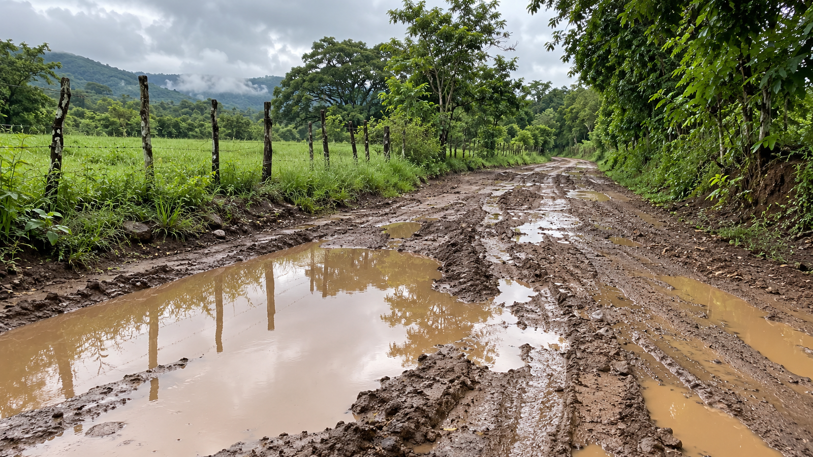 Muddy rutted dirt road with deep puddles in rural Guanacaste Costa Rica during rainy season, showing why a 4x4 helps from May to November